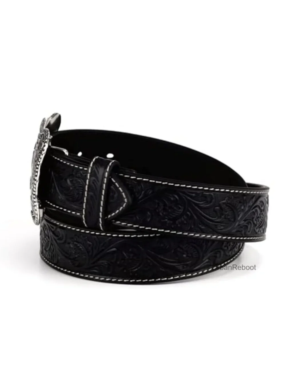 Floral Embossed Leather Belt with Antiqued Silver Buckle Western